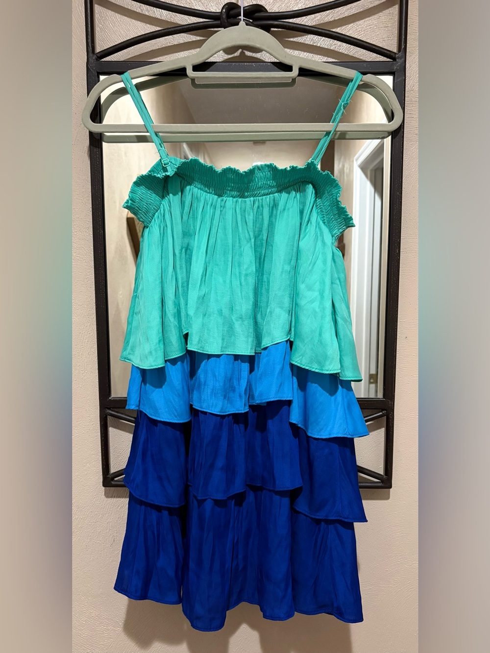 Mustard Seed Tiered Spaghetti-Strap Dress Top - Teal & Blue Shades Size L
